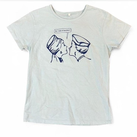 Tops - Light Blue Tee with Navy Retro Graphic